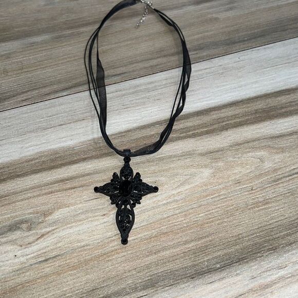 Necklace Pendant, All black, Beaded, Cross pendant On Cord - Picture 3 of 7